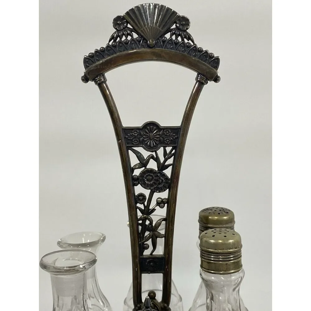 Antique Victorian Simpson Hall Miller Quadruple Plate Spinning Condiment Set 18”
